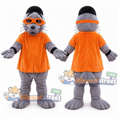 Gray Seal Mascot Costume with Orange Vest and Headband Gray Seal Mascot Costume with Orange Vest and Headband