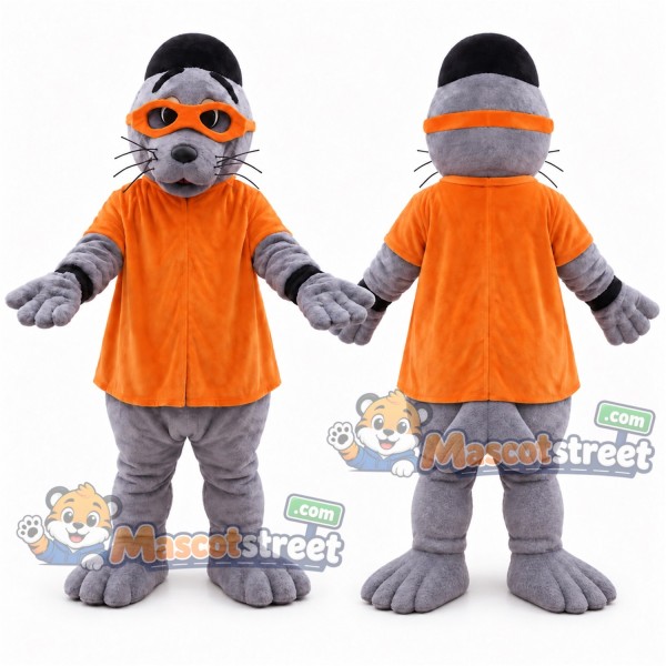 Gray Seal Mascot Costume with Orange Vest and Headband