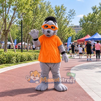 Gray Seal Mascot Costume with Orange Vest and Headband Gray Seal Mascot Costume with Orange Vest and Headband