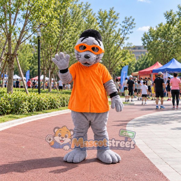 Gray Seal Mascot Costume with Orange Vest and Headband