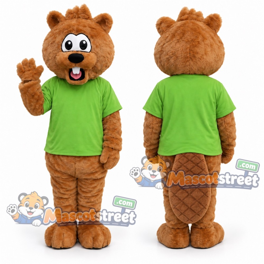 Brown Beaver Mascot Costume with Green Shirt