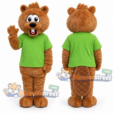 Brown Beaver Mascot Costume with Green Shirt