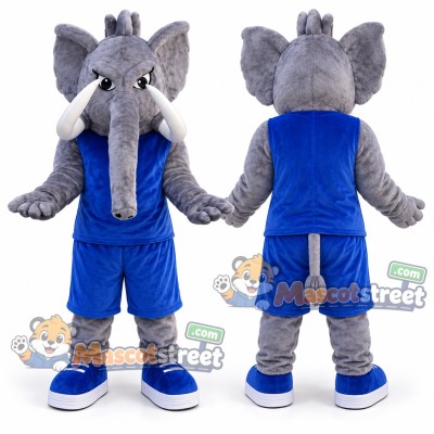 Gray Elephant Mascot Costume with Blue Sleeveless Shirt and Shorts