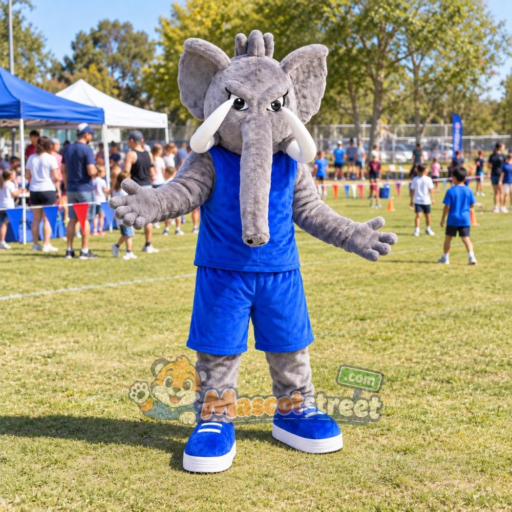 Gray Elephant Mascot Costume with Blue Sleeveless Shirt and Shorts
