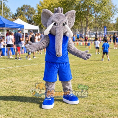 Gray Elephant Mascot Costume with Blue Sleeveless Shirt and Shorts
