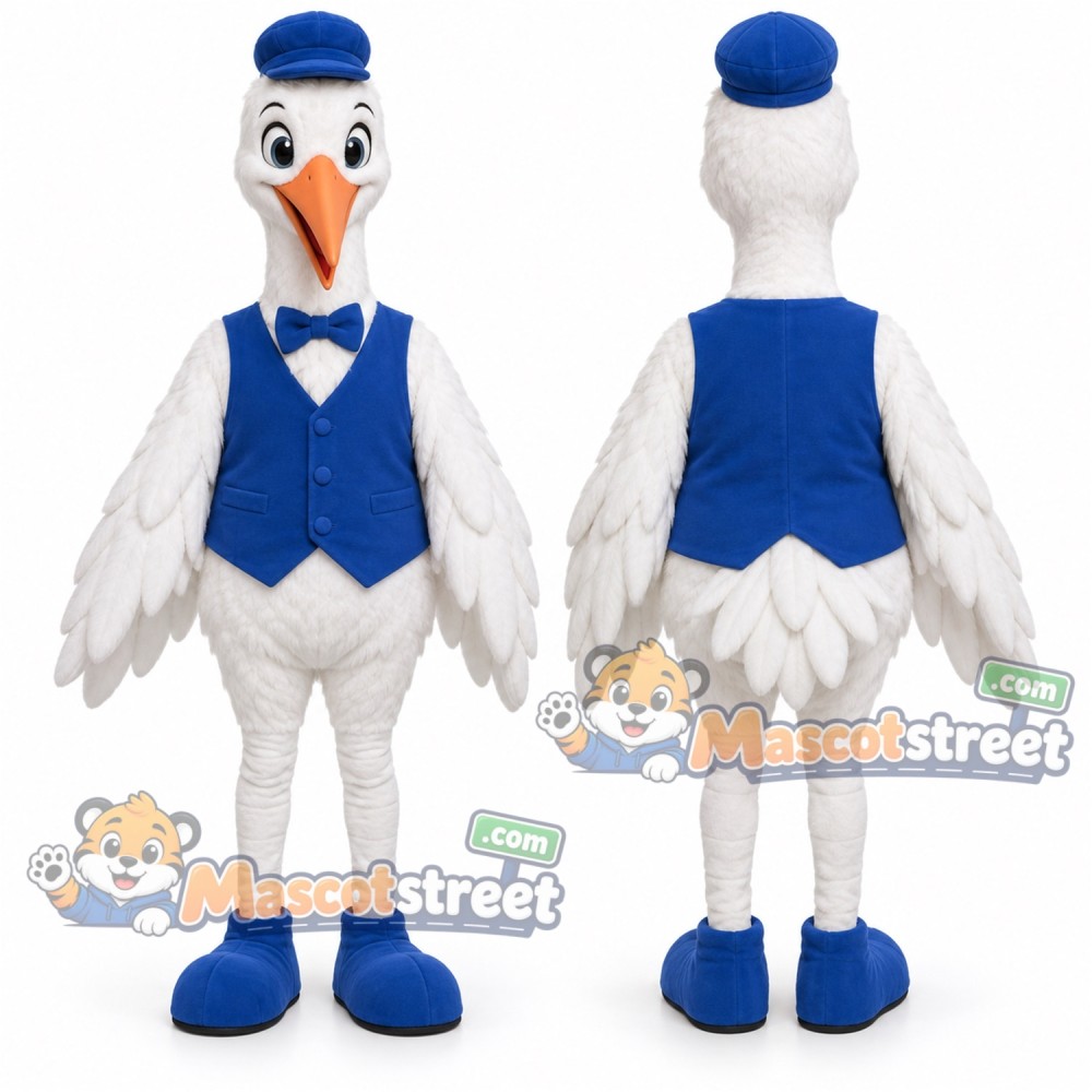 White Stork Mascot Costume with Blue Vest and Hat