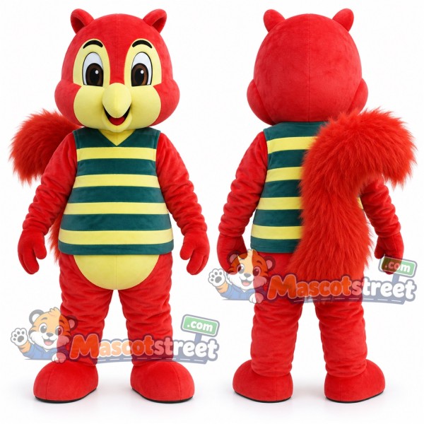 Red Squirrel Mascot Costume with Green and Yellow Striped Shirt