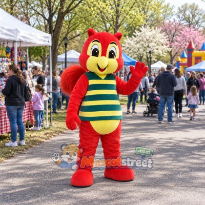 Red Squirrel Mascot Costume with Green and Yellow Striped Shirt Red Squirrel Mascot Costume with Green and Yellow Striped Shirt