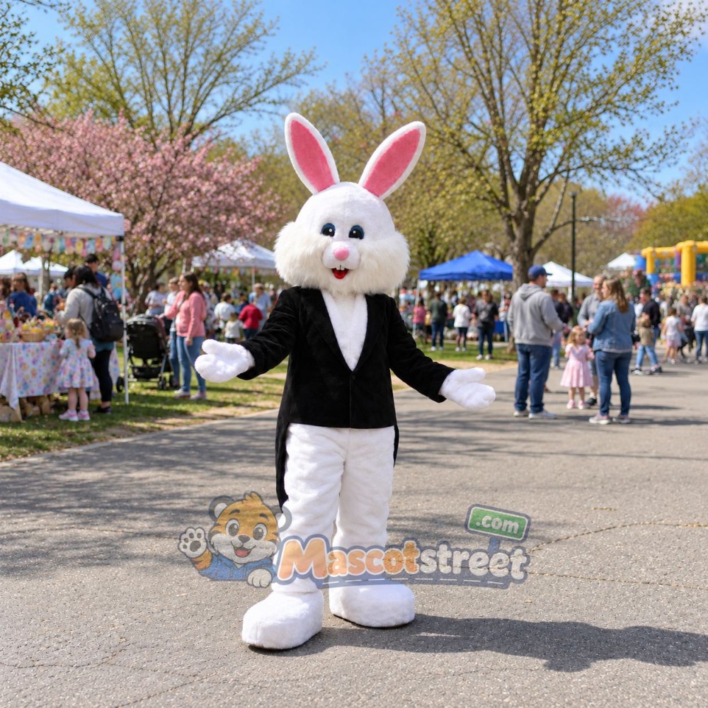 White Rabbit Mascot Costume with Black Coat White Rabbit Mascot Costume with Black Coat