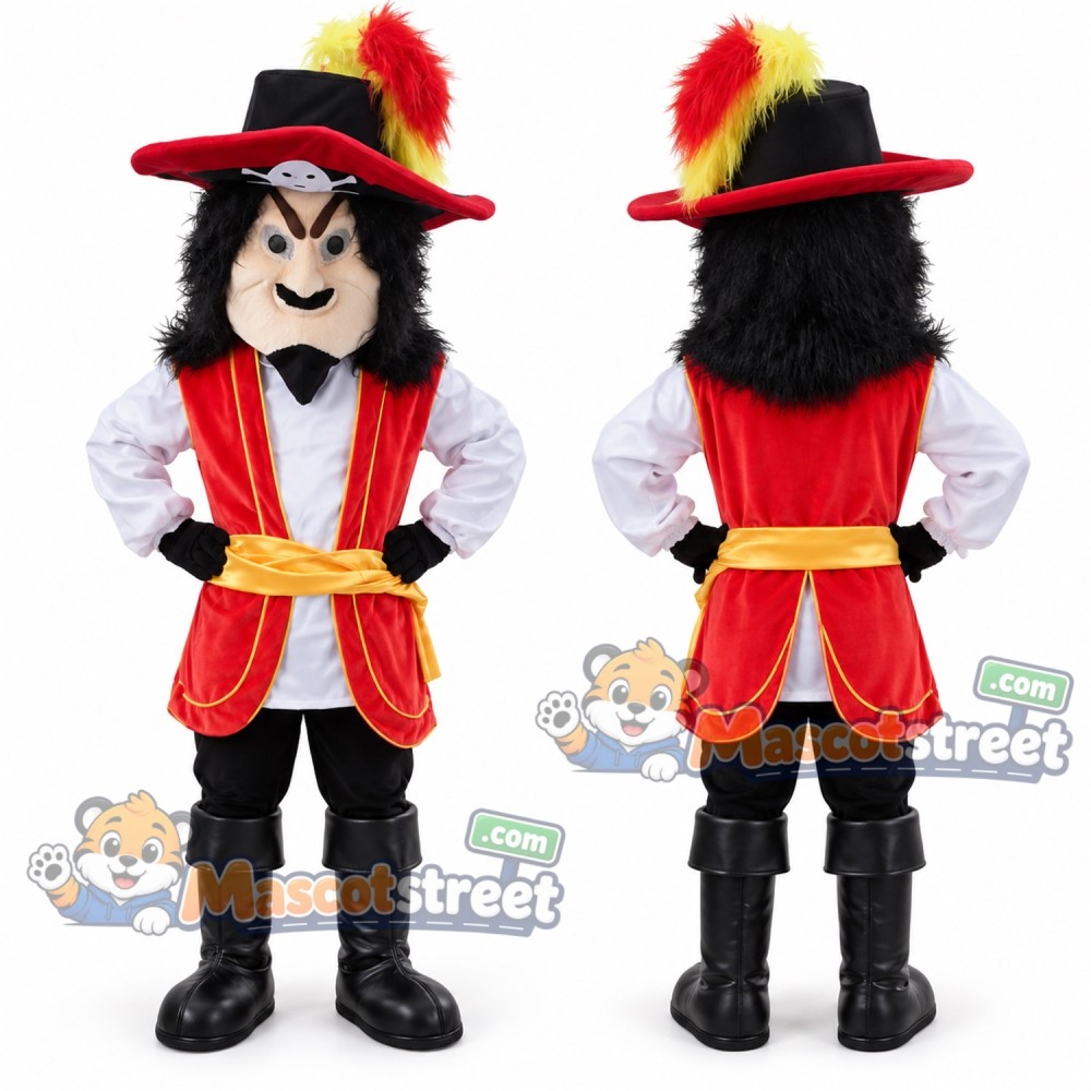 Pirate Captain Mascot Costume with Red Coat and Feathered Tricorn Hat