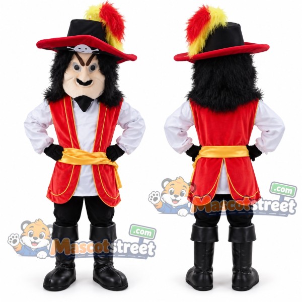 Pirate Captain Mascot Costume with Red Coat and Feathered Tricorn Hat