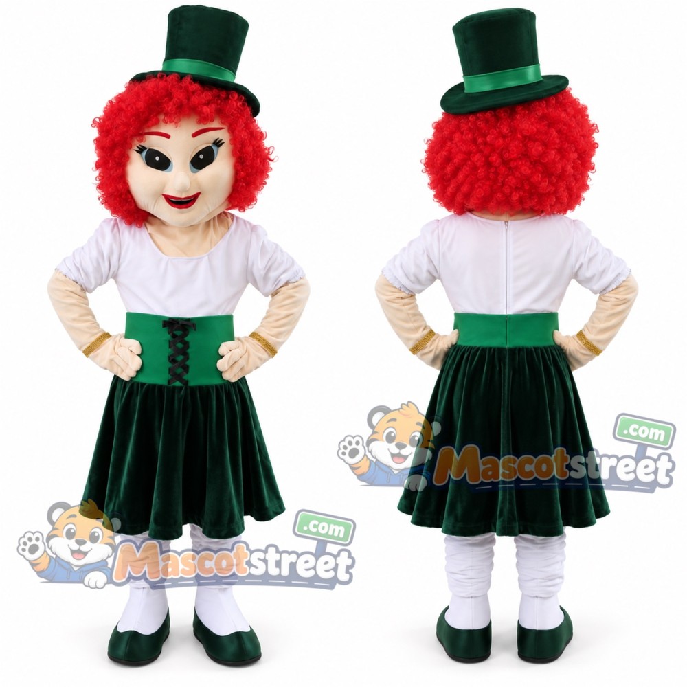 Red Haired Elf Girl Mascot Costume with White Shirt, Green Skirt and Green Top Hat Red Haired Elf Girl Mascot Costume with White Shirt, Green Skirt and Green Top Hat