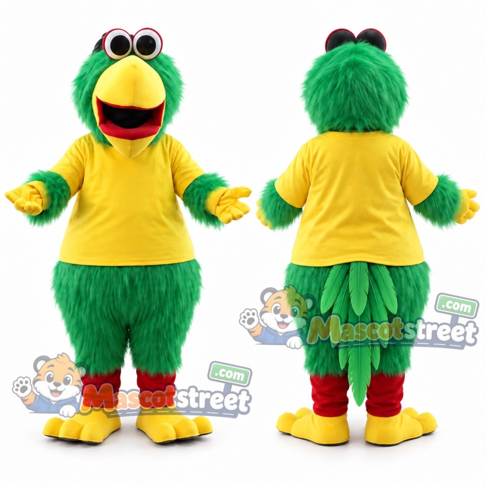 Green Parrot Mascot Costume with Yellow Shirt and Goggles