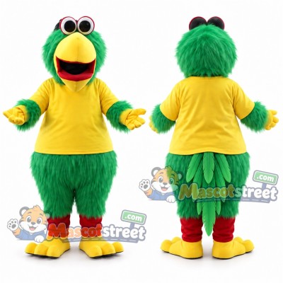 Green Parrot Mascot Costume with Yellow Shirt and Goggles