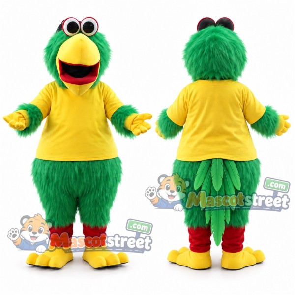Green Parrot Mascot Costume with Yellow Shirt and Goggles