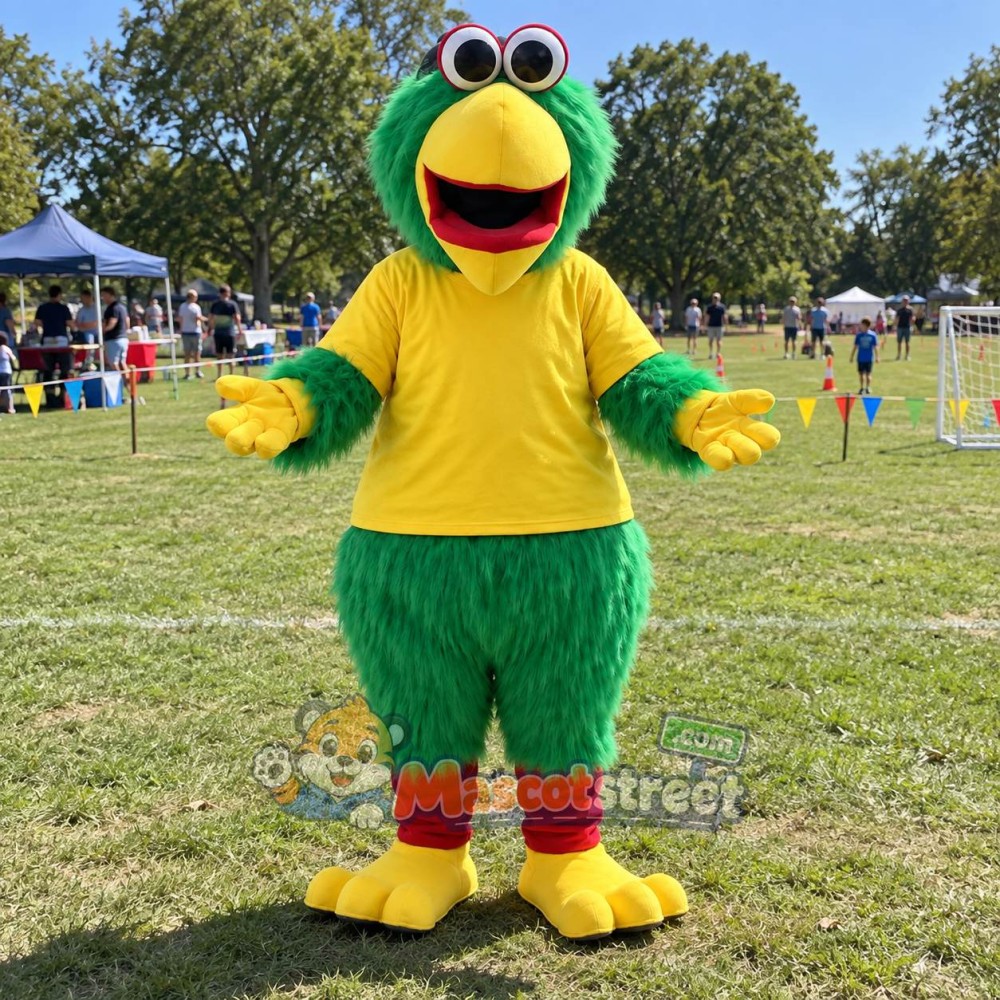 Green Parrot Mascot Costume with Yellow Shirt and Goggles Green Parrot Mascot Costume with Yellow Shirt and Goggles