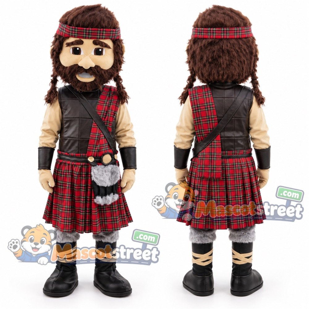 Highland Warrior Mascot Costume with Tartan Kilt and Dark Vest