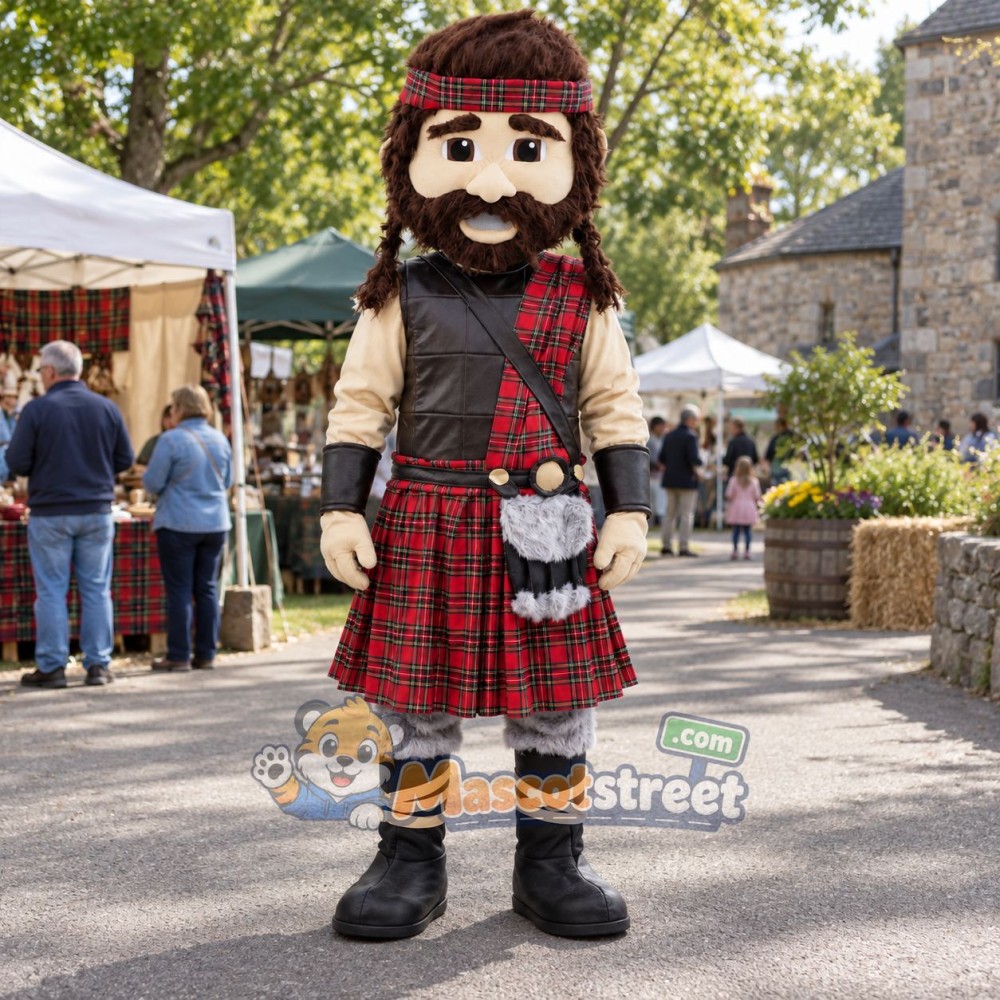 Highland Warrior Mascot Costume with Tartan Kilt and Dark Vest