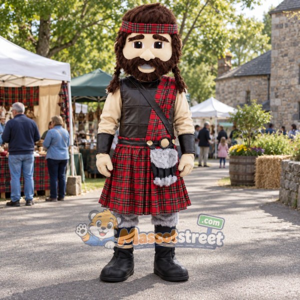 Highland Warrior Mascot Costume with Tartan Kilt and Dark Vest