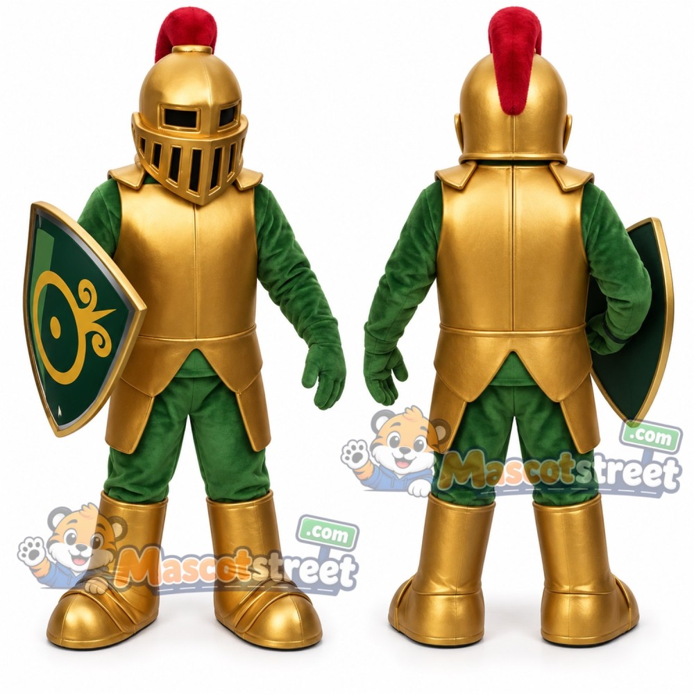 Knight Mascot Costume with Gold Armor, Green Outfit and Helmet