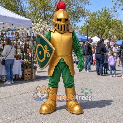 Knight Mascot Costume with Gold Armor, Green Outfit and Helmet Knight Mascot Costume with Gold Armor, Green Outfit and Helmet