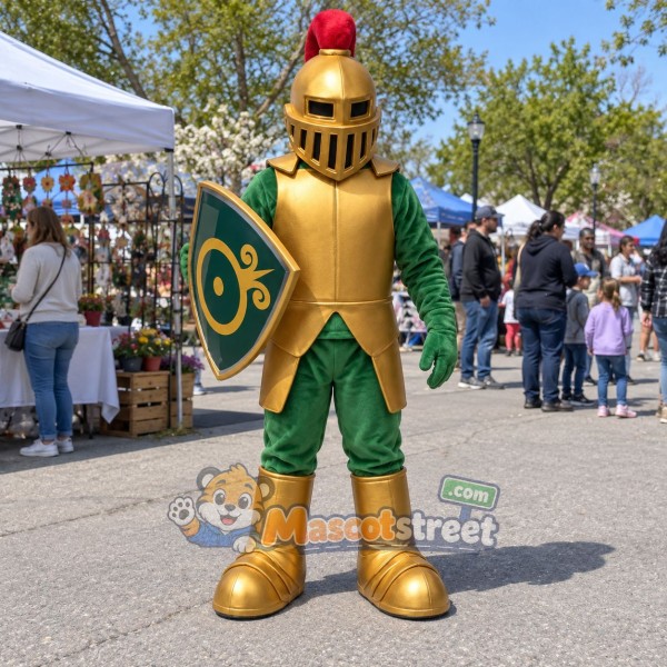 Knight Mascot Costume with Gold Armor, Green Outfit and Helmet Knight Mascot Costume with Gold Armor, Green Outfit and Helmet