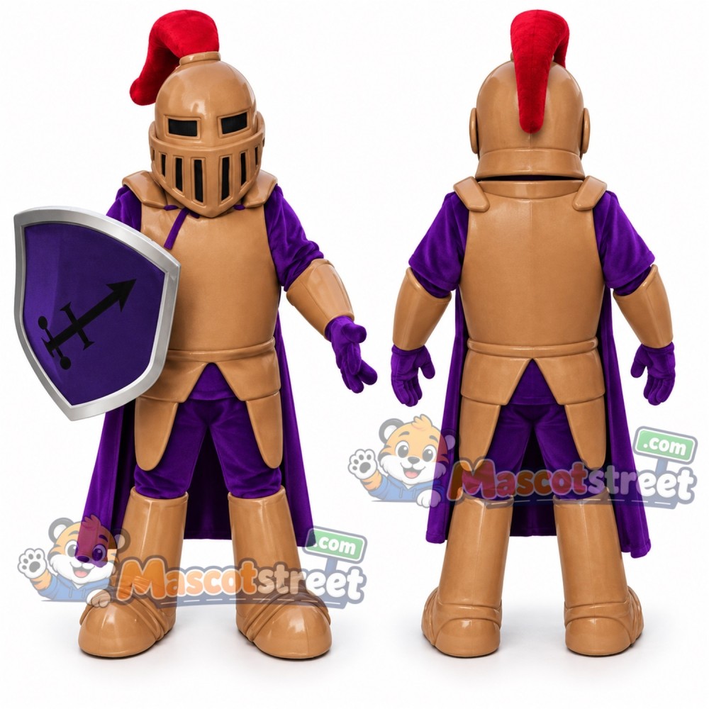 Knight Mascot Costume with Copper Armor, Purple Outfit and Helmet Knight Mascot Costume with Copper Armor, Purple Outfit and Helmet