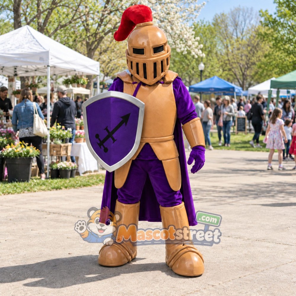 Knight Mascot Costume with Copper Armor, Purple Outfit and Helmet Knight Mascot Costume with Copper Armor, Purple Outfit and Helmet
