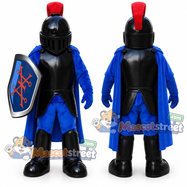 Knight Mascot Costume with Black Armor, Blue Outfit and Helmet