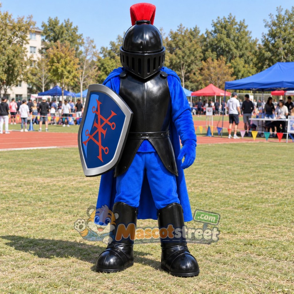 Knight Mascot Costume with Black Armor, Blue Outfit and Helmet Knight Mascot Costume with Black Armor, Blue Outfit and Helmet