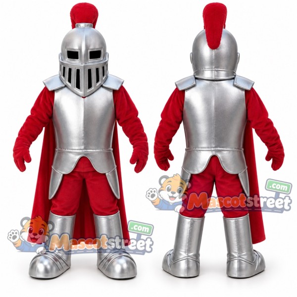 Knight Mascot Costume with Silver Armor, Red Outfit and Helmet