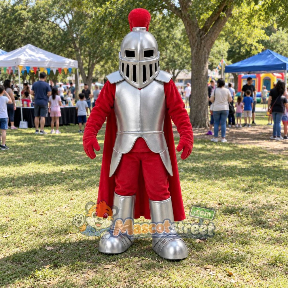 Knight Mascot Costume with Silver Armor, Red Outfit and Helmet Knight Mascot Costume with Silver Armor, Red Outfit and Helmet