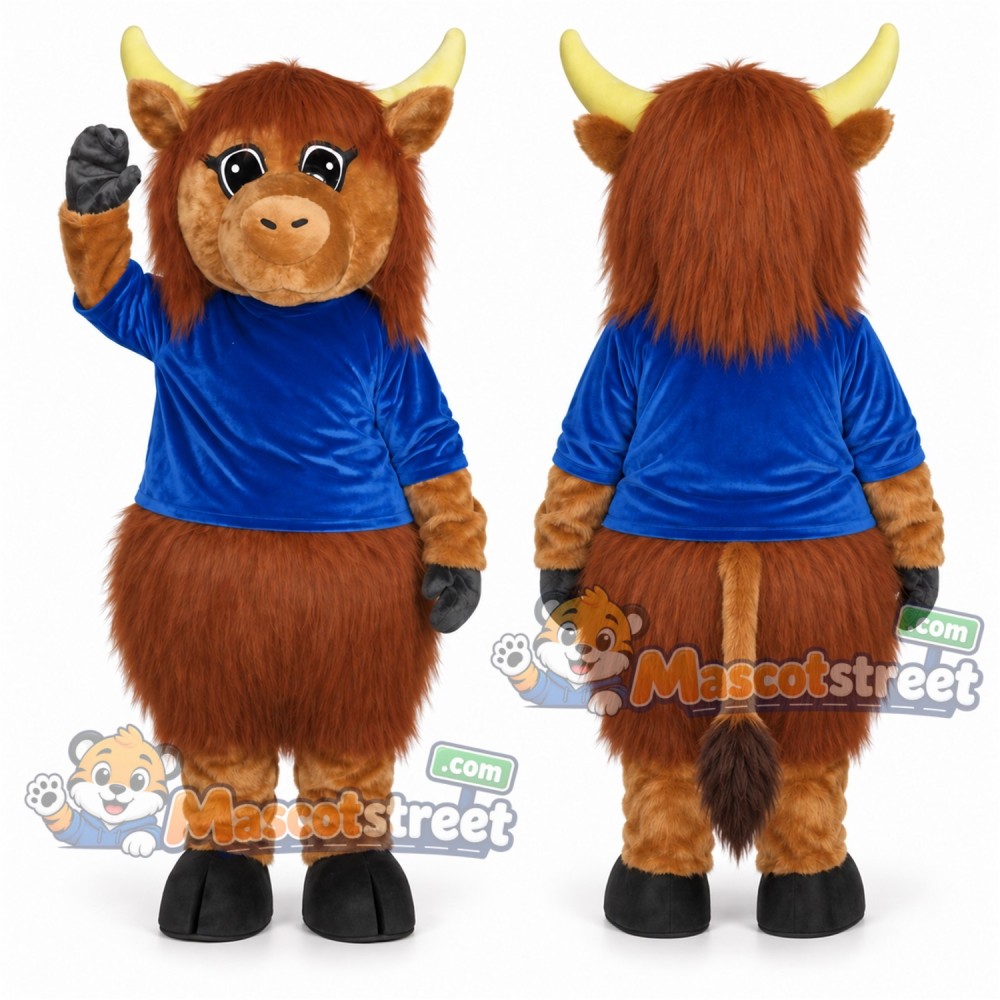 Brown Highland Cow Mascot Costume with Blue Shirt Brown Highland Cow Mascot Costume with Blue Shirt