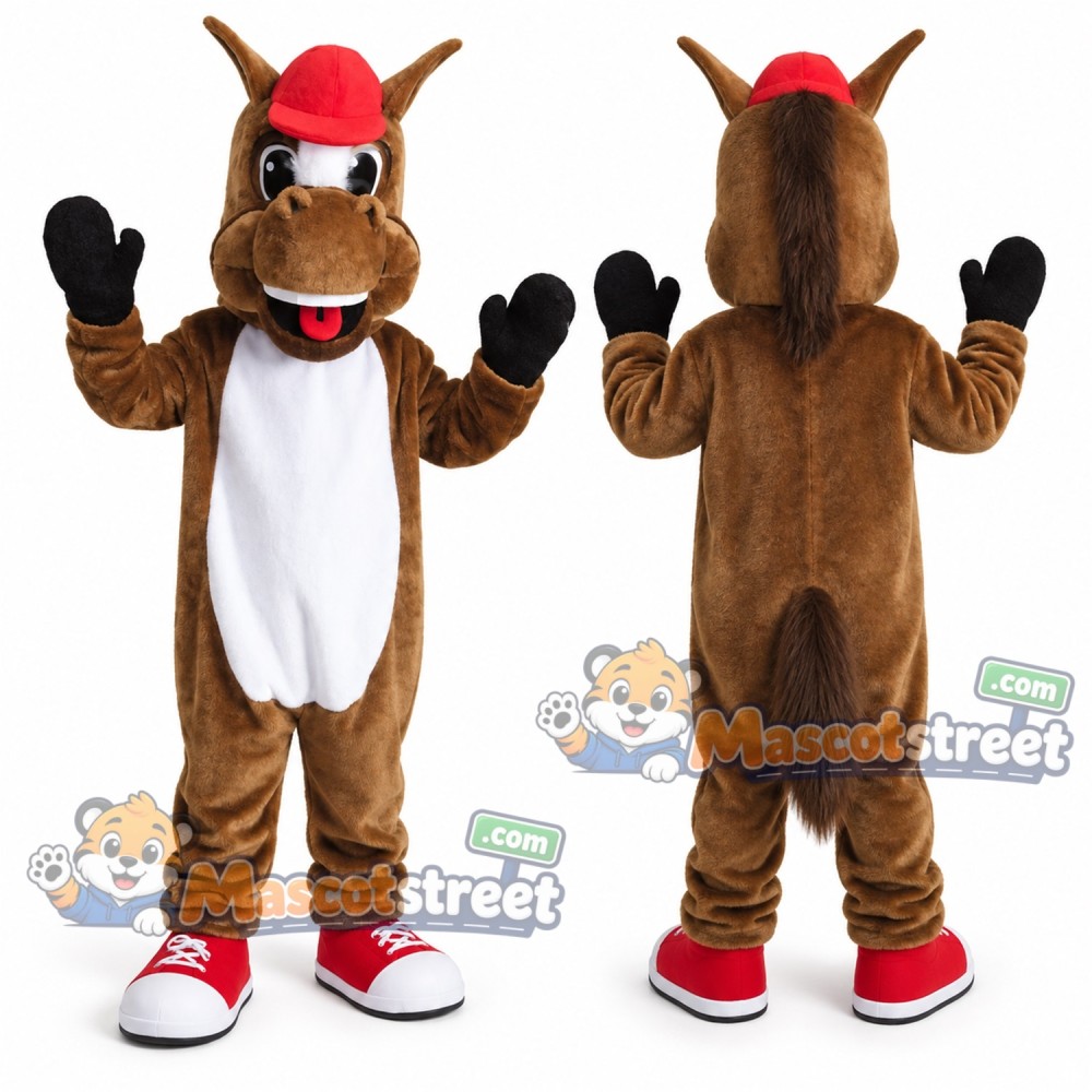 Brown Horse Mascot Costume with Red Cap Brown Horse Mascot Costume with Red Cap