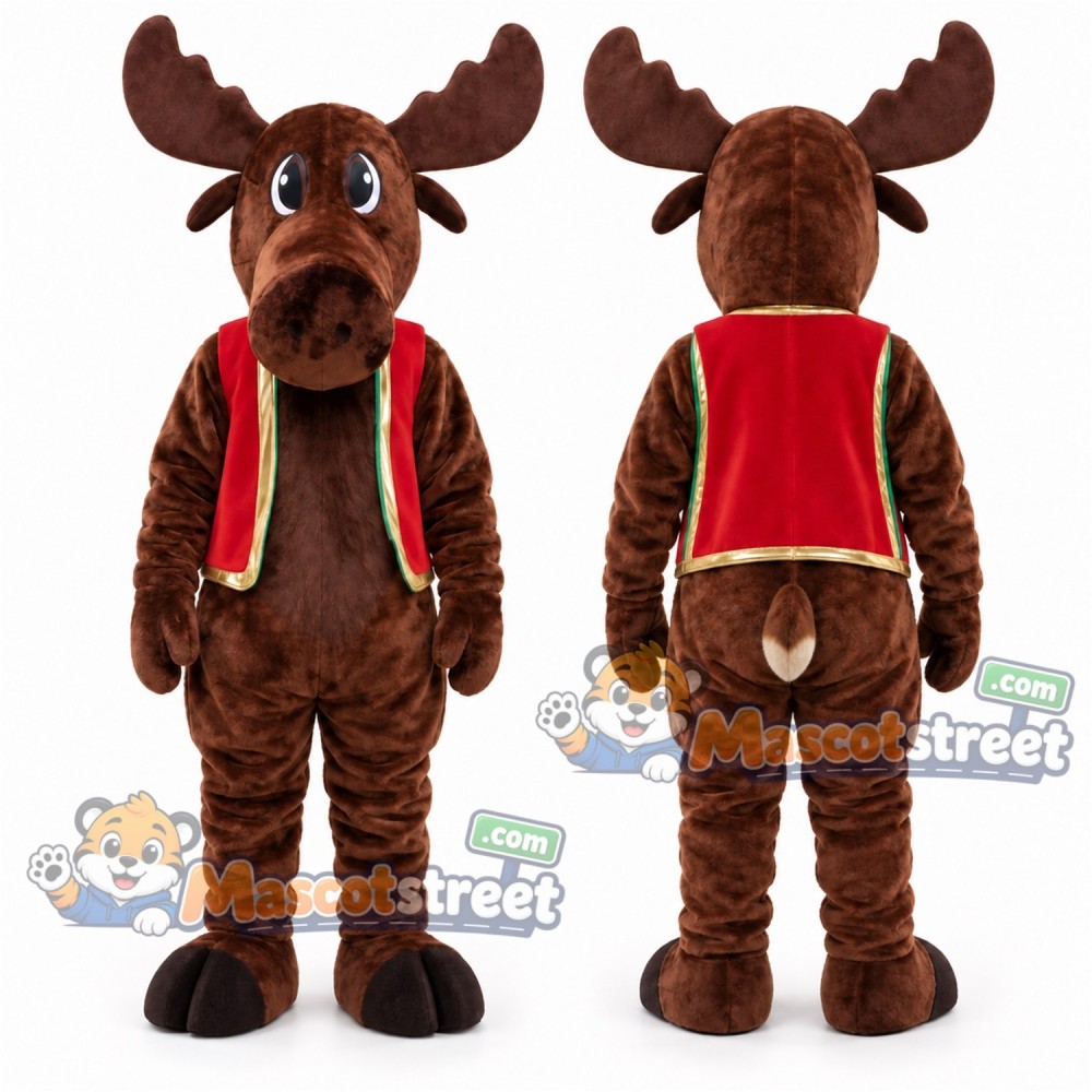 Brown Moose Mascot Costume with Red Vest Brown Moose Mascot Costume with Red Vest