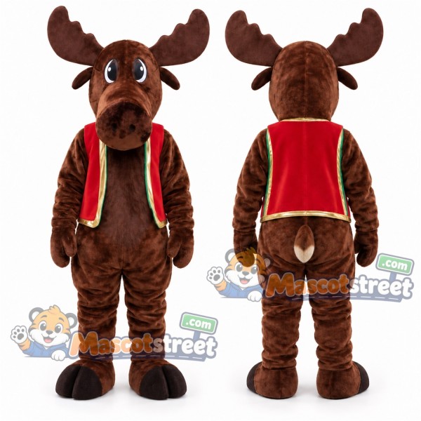 Brown Moose Mascot Costume with Red Vest