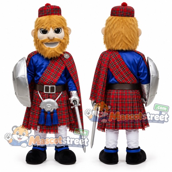 Highland Warrior Mascot Costume with Tartan Kilt and Blue Sash