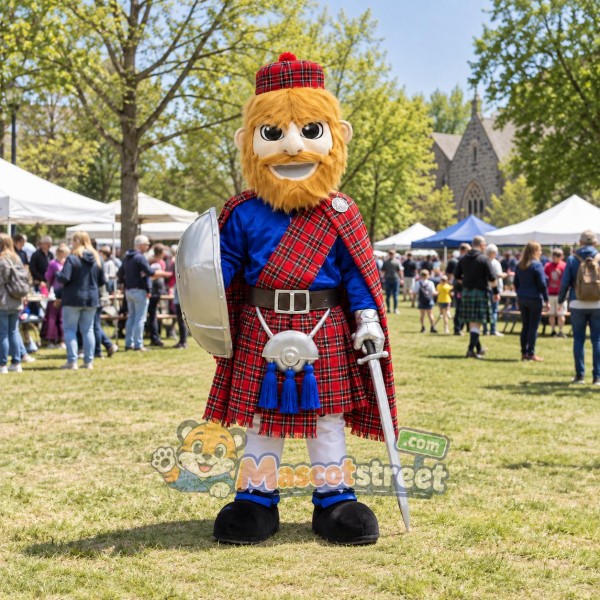 Highland Warrior Mascot Costume with Tartan Kilt and Blue Sash