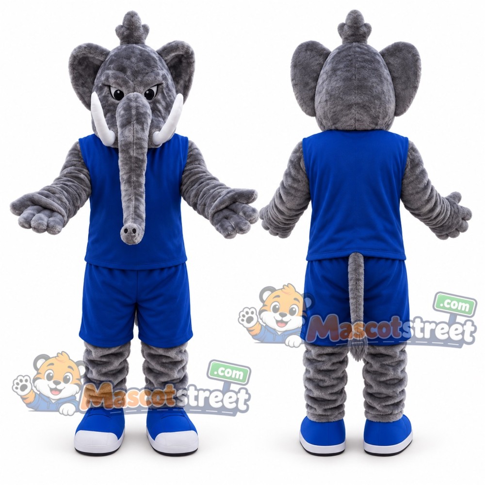 Gray Elephant Mascot Costume with Blue Sleeveless Shirt and Shorts Gray Elephant Mascot Costume with Blue Sleeveless Shirt and Shorts