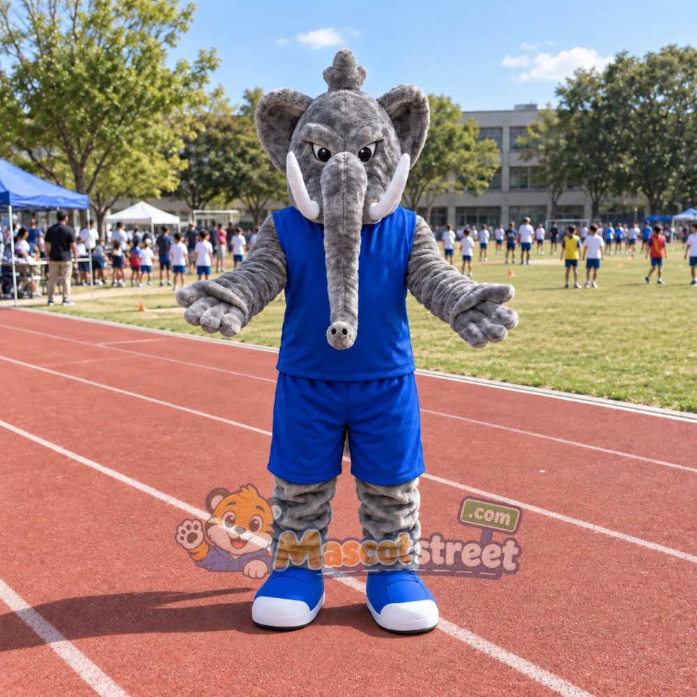 Gray Elephant Mascot Costume with Blue Sleeveless Shirt and Shorts Gray Elephant Mascot Costume with Blue Sleeveless Shirt and Shorts