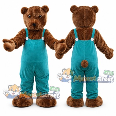 Brown Bear Mascot Costume with Teal Overalls