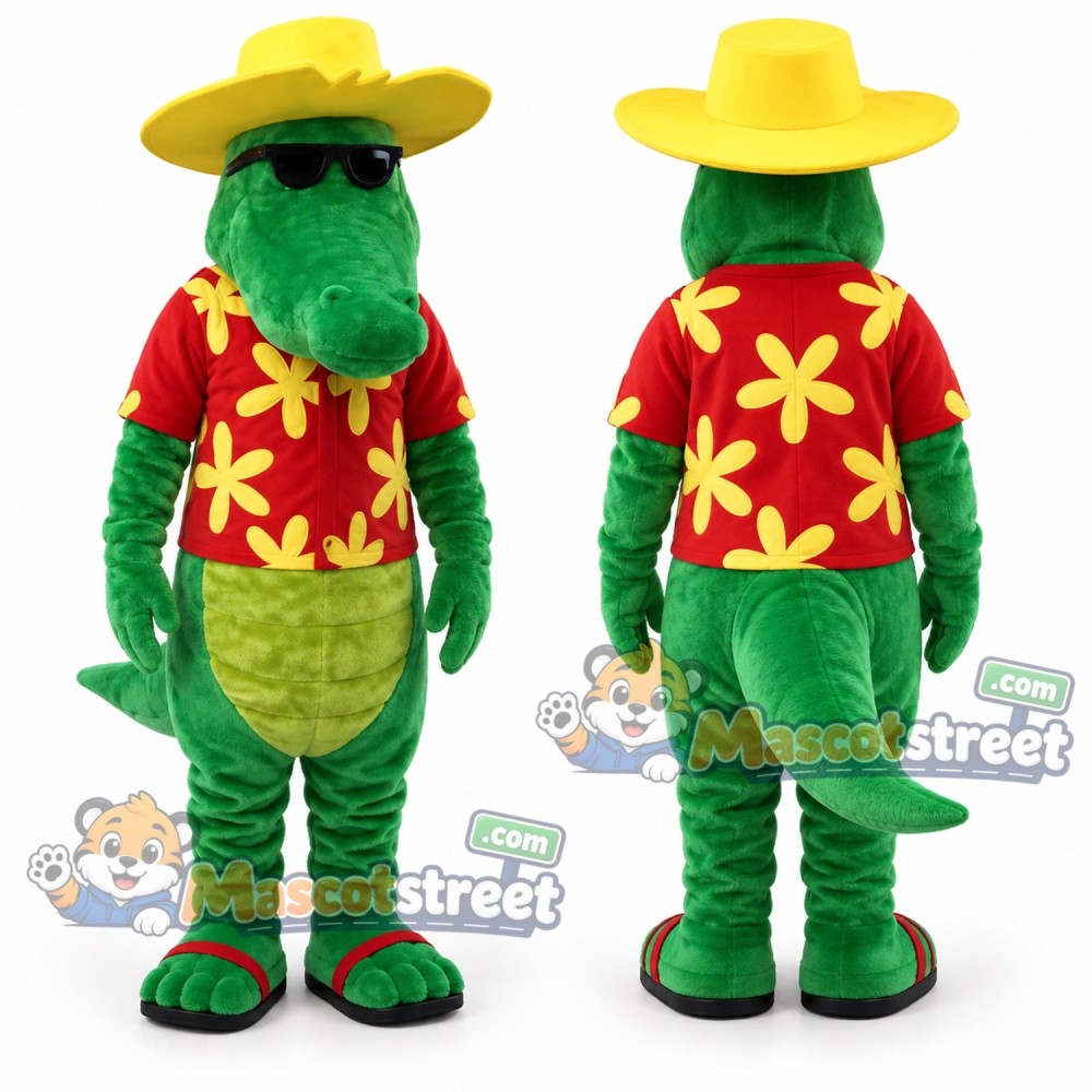 Green Crocodile Mascot Costume with Red Floral Shirt and Yellow Hat
