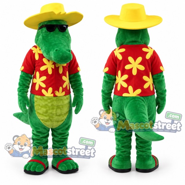 Green Crocodile Mascot Costume with Red Floral Shirt and Yellow Hat