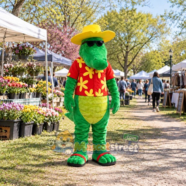 Green Crocodile Mascot Costume with Red Floral Shirt and Yellow Hat Green Crocodile Mascot Costume with Red Floral Shirt and Yellow Hat