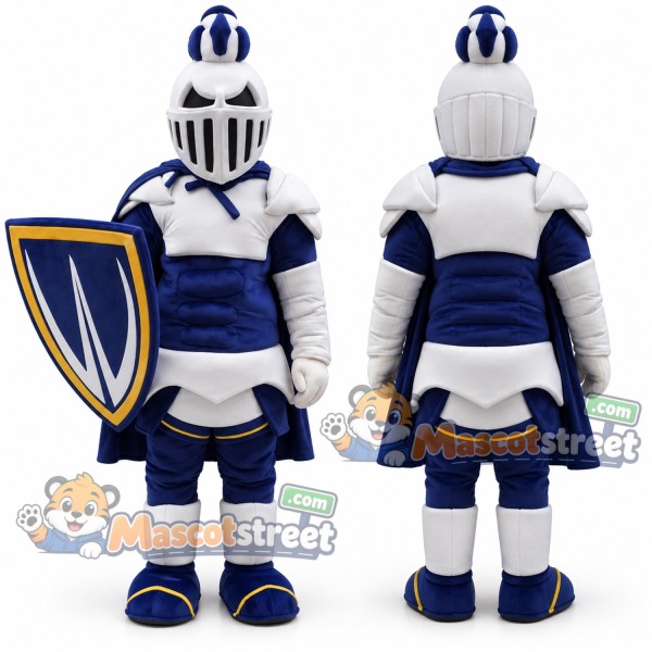 Knight Mascot Costume with Blue and Silver Armor and Helmet