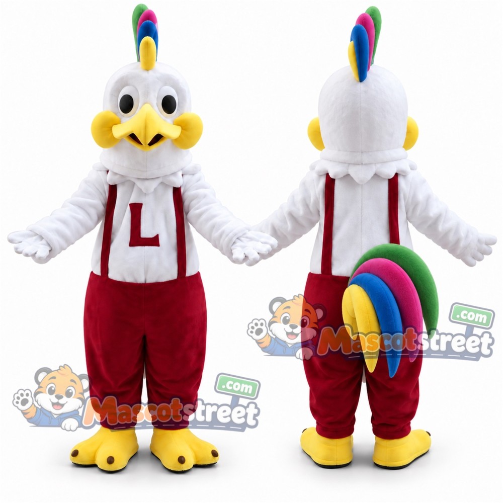 White Rooster Mascot Costume with White Shirt, Burgundy Pants and Suspenders White Rooster Mascot Costume with White Shirt, Burgundy Pants and Suspenders