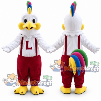 White Rooster Mascot Costume with White Shirt, Burgundy Pants and Suspenders White Rooster Mascot Costume with White Shirt, Burgundy Pants and Suspenders