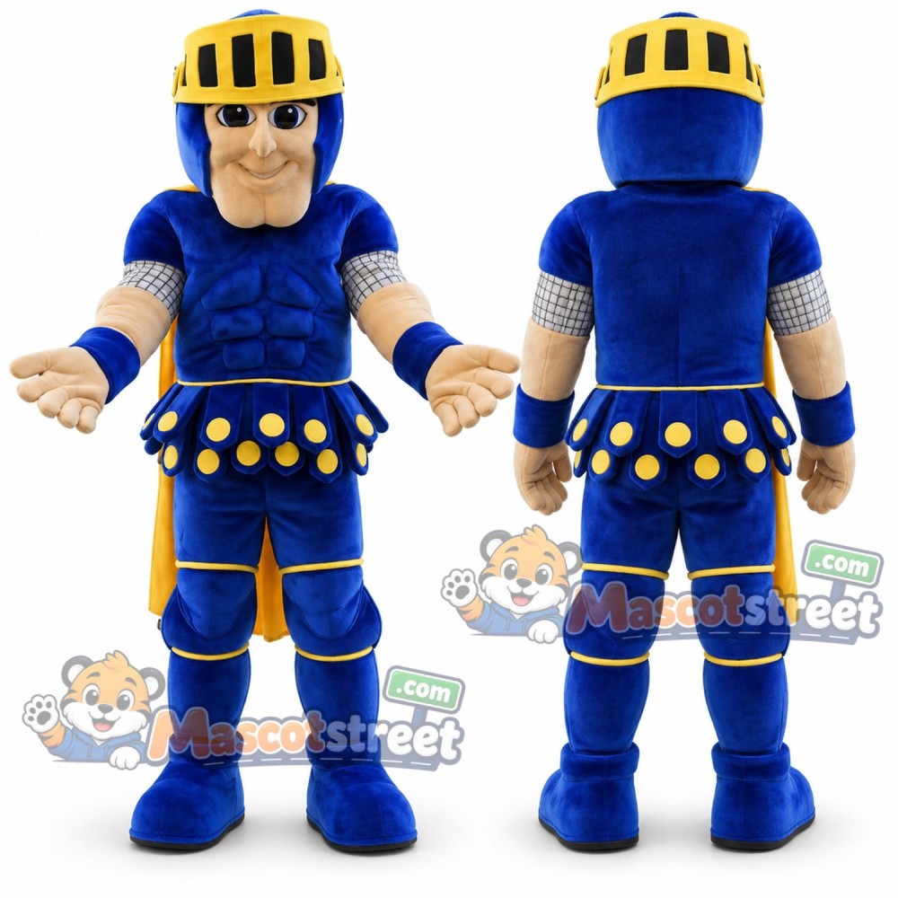 Spartan Warrior Mascot Costume with Blue and Gold Armor and Helmet Spartan Warrior Mascot Costume with Blue and Gold Armor and Helmet