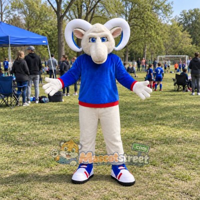 White Ram Mascot Costume with Blue Sweater and White Pants White Ram Mascot Costume with Blue Sweater and White Pants