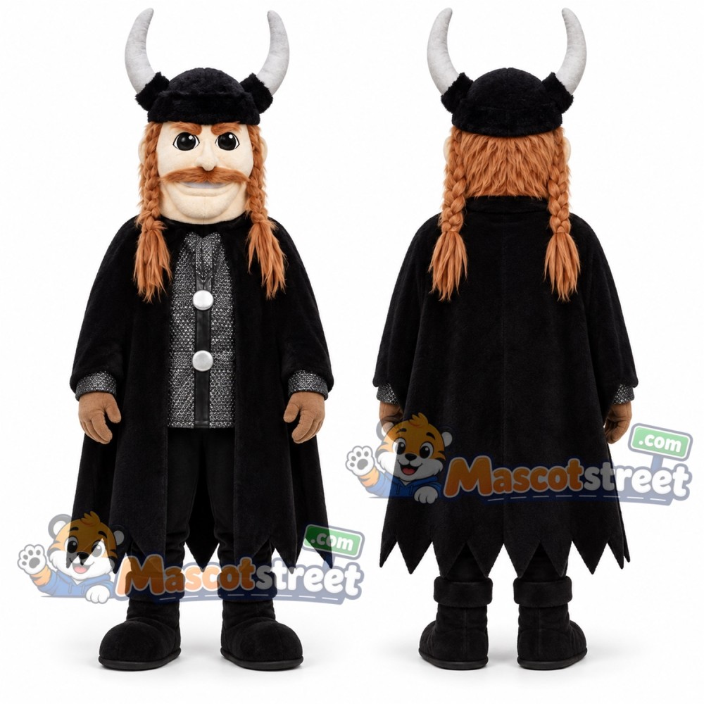Viking Mascot Costume with Black Outfit, Black Cape and Horned Helmet Viking Mascot Costume with Black Outfit, Black Cape and Horned Helmet